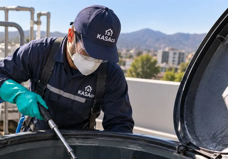 Técnico de KASAco limpiando y sanitizando un estanque de agua