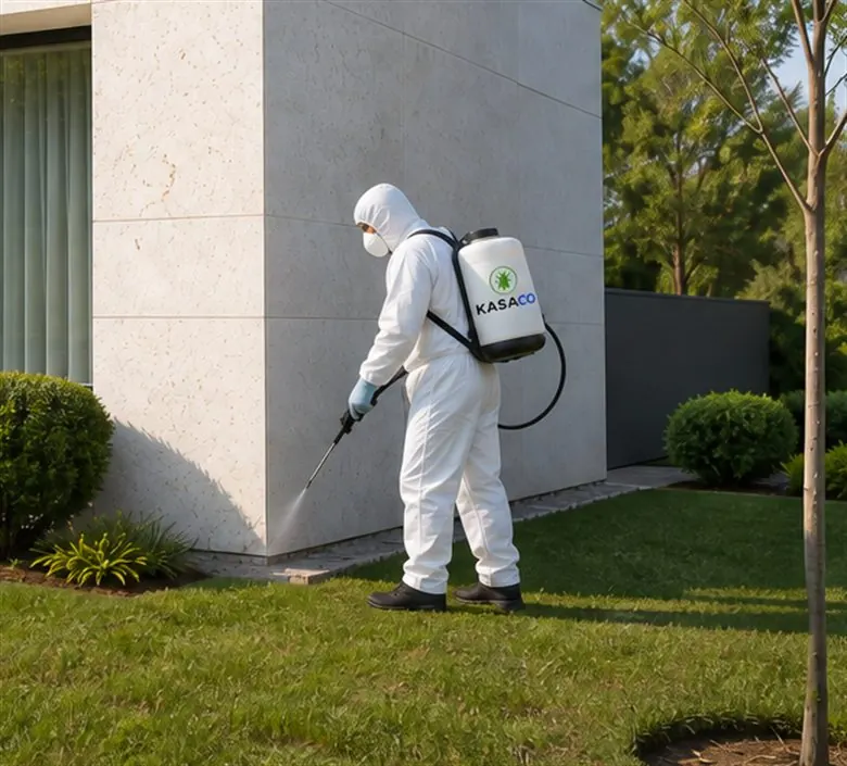 Técnico de KASAco aplicando tratamiento perimetral en una casa
